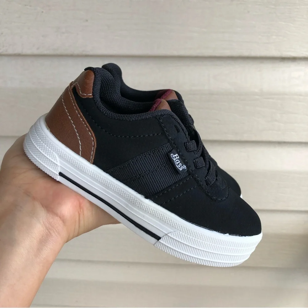 Bass Black Canvas / Leather Elastic Stretch Laces Slip‎ On  Baby Shoes 7